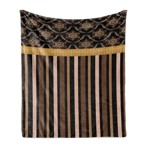 Victorian Style Soft Flannel Fleece Throw Blanket, Vintage Design with Earth Tone Stripes and Damask Pattern, Cozy Plush for Indoor and Outdoor Use, 50" x 70", Charcoal Grey and White, by Ambesonne