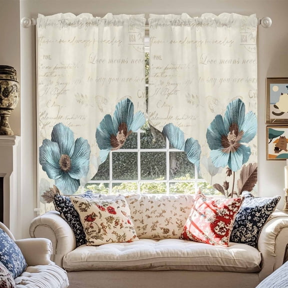 Victorian Style Swag Curtain Valance for Windows, Blue Retro Poppy Flower Plant Window Treatments Short Swag Topper for Kitchen Windows Bathroom Bedroom, 28"x36"