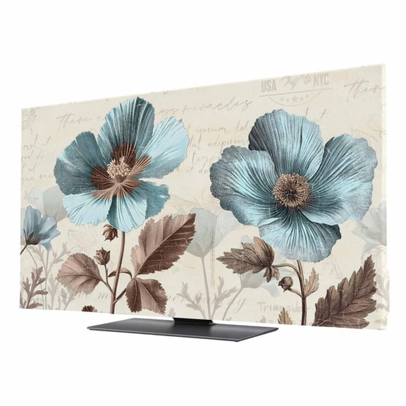 Victorian Style TV Dust Cover 24 Inch, Blue Retro Poppy Flower Plant Computer Monitor Cover Dustproof Stretchable Indoor TV Screen Protector for LED LCD Universal Monitors