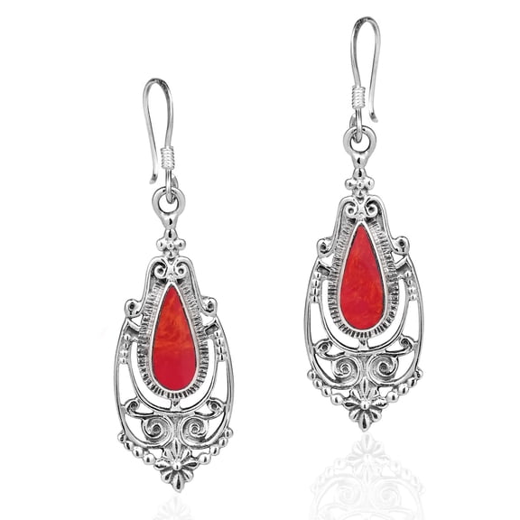 Victorian Style Teardrop Red Coral Inlay Sterling Silver Dangle Earrings