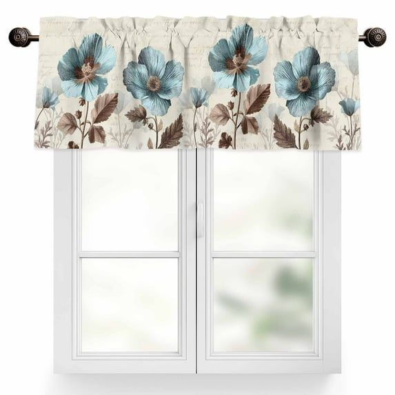 Victorian Style Valances for Windows, 54 x 18in, Blue Retro Poppy Flower Plant Rod Pocket Kitchen Valance Curtain Light Filtering Window Treatments for Living Room Bedroom, 1 Panel