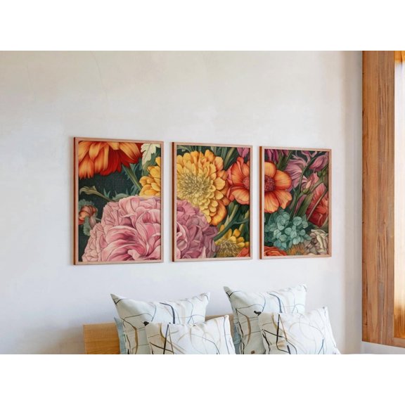 Victorian Style Wall Art Floral Triptych Prints Dark Botanical Decor Vintage Flower Gallery Set for Home Set 3