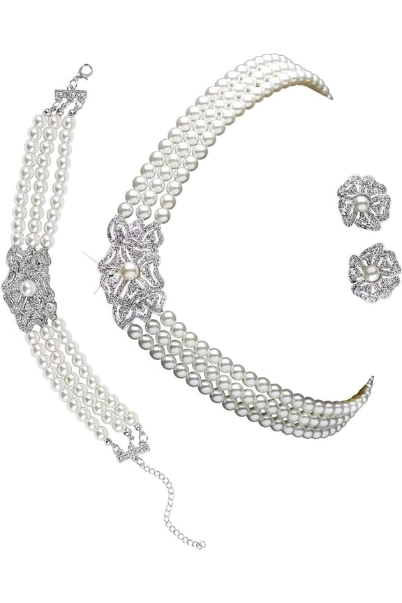 Victorian Styles Necklace Earrings Bracelet Set Featuring Simulated Pearls and Cubic Zirconia for Chic Occasions[s316]