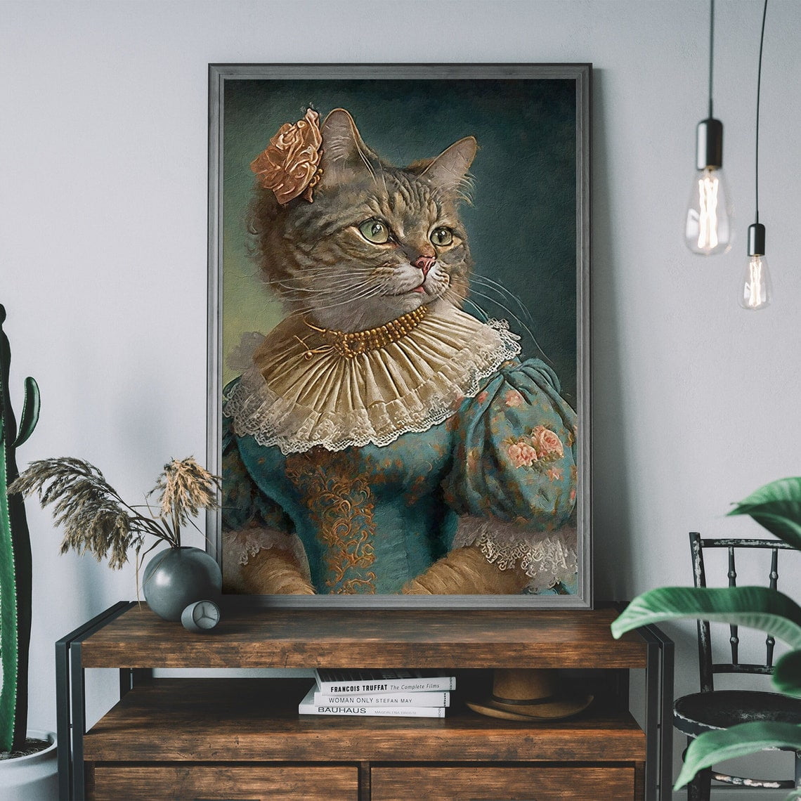 Victorian Tabby Cat Portrait, Renaissance Animal Painting, Animal Head