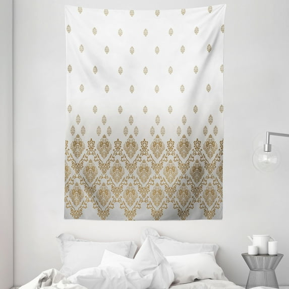 Victorian Tapestry, Damask Motifs in Vintage Romantic Country Style Ombre Elements Floral Art, Wall Hanging for Bedroom Living Room Dorm Decor, 60W X 80L Inches, Brown Gray White, by Ambesonne