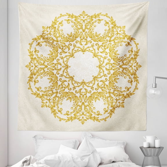 Victorian Tapestry, Traditional Floral Round Circle with Baroque Elements Turkish Ottoman Style Art, Fabric Wall Hanging Decor for Bedroom Living Room Dorm, 5 Sizes, Cream Yellow, by Ambesonne