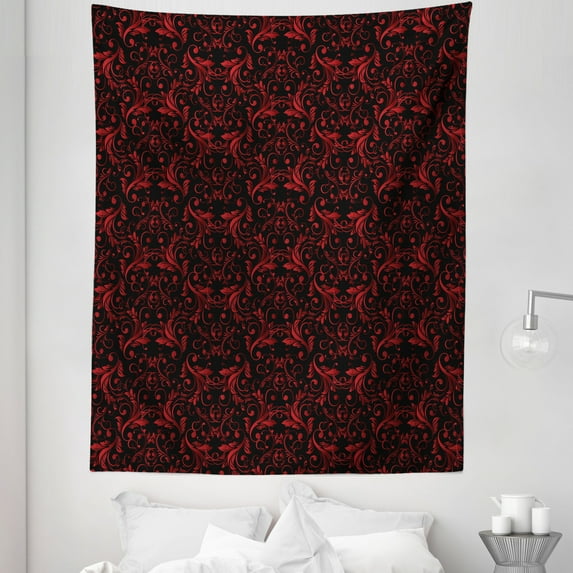 Victorian Tapestry, Vintage Curlicue Forms Swirls of Nostalgic Royal Design Image Print, Fabric Wall Hanging Decor for Bedroom Living Room Dorm, 5 Sizes, Charcoal Grey and Ruby, by Ambesonne