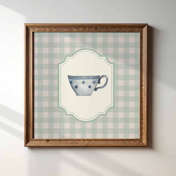 Victorian Tea Cup, Square Blue Gingham Illustration Print, Art Print, Trendy Decor, Vintage Nursery Wall Art, Modern Wall Decor, 24x24 UNFRAMED