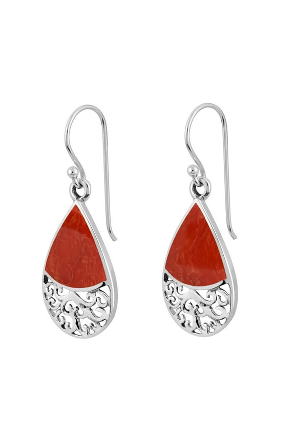 Victorian Teardrop Filigree Wave Red Coral Sterling Silver Dangle Earrings