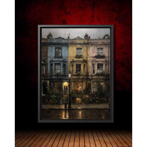 Victorian Townhouses In Rain Art Poster Colorful London Terrace Gothic Dark Academia Wall Decor Style, Unframed Poster Size 8x12