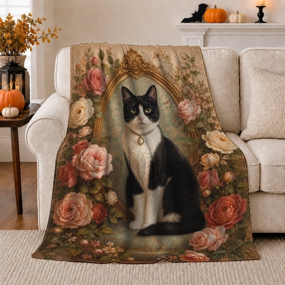Victorian Tuxedo Cat Rose Garden Portrait, Cozy Pet Portrait Pattern, Warm Flannel Blanket for Living Room and Reading Nook, Cat Lovers Friendship Gift, Pet Lover Home Decor