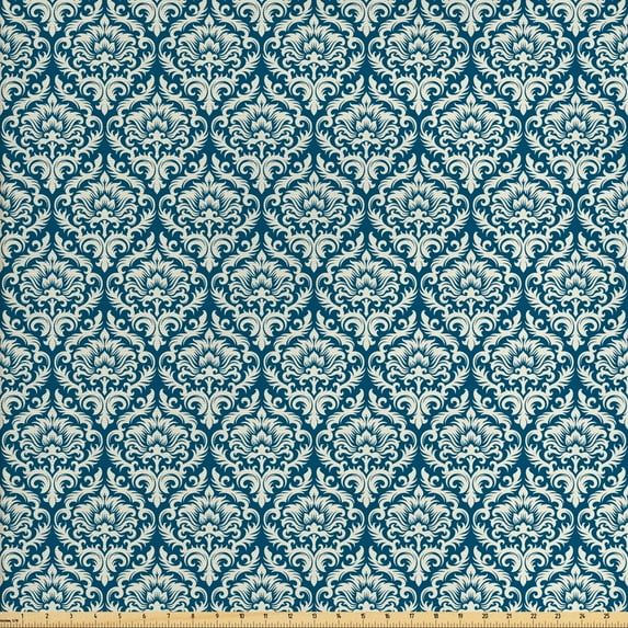 Ambesonne Victorian Fabric by the Yard Upholstery, Retro French Fashion, 2 Yards, Navy Blue Cream