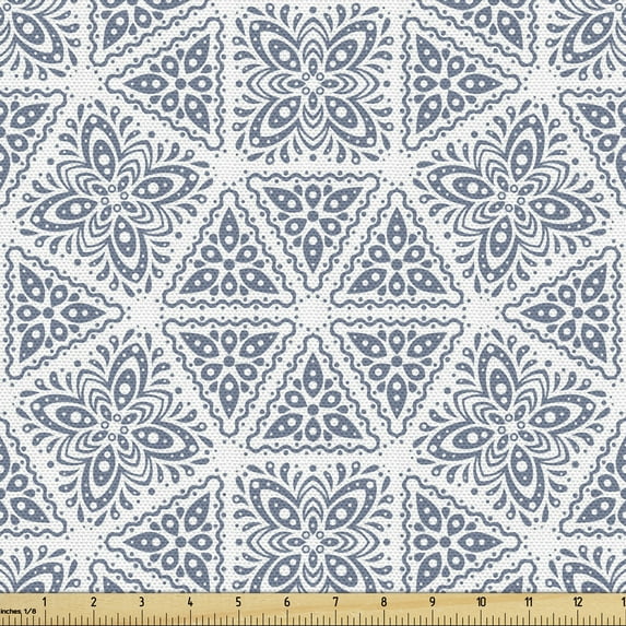 Victorian Upholstery Fabric by the Yard, Mosaic Style Vintage Moroccan Portuguese Ceramic Middle Eastern Pattern, Decorative Fabric for DIY and Home Accents, Blue Grey and White by Ambesonne