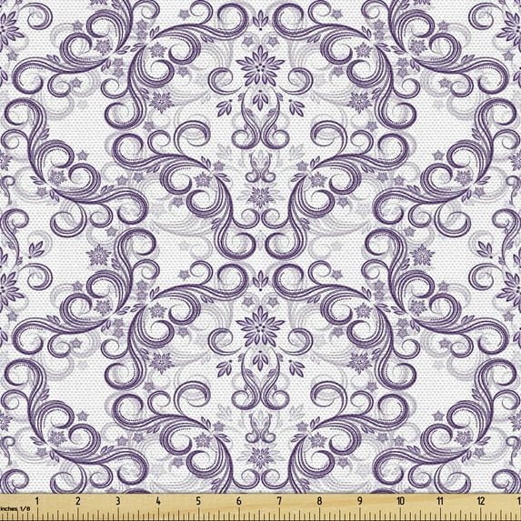 Ambesonne Victorian Fabric by the Yard Upholstery, Baroque Floral Swirls, 1 Yard, Violet White