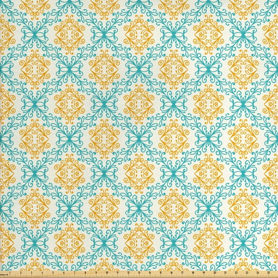 Victorian Upholstery Fabric by the Yard, Vintage Damask Pattern of Curlicue Motif with Thin Lines, Decorative Fabric for DIY and Home Accents, Dark Seafoam Marigold by Ambesonne