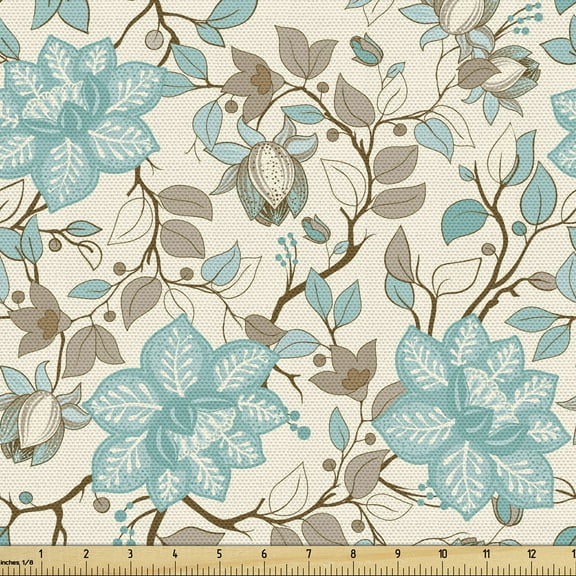 Ambesonne Victorian Fabric by the Yard Upholstery, Delicate Flower Branches, 5 Yards, Eggshell Cadet Blue