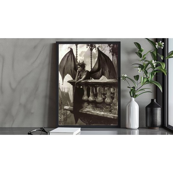 Victorian Vampire Bat Woman Gothic Illustration Dark Aesthetic Art, Unframed Canvas 8x10in