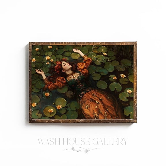 Victorian Wall Art Lilypad Pond Cottagecore Wall Art Lady In The Lake Art Poster Woodland Nymph Art Moody Wall Art Dark, 12x18 UNFRAMED