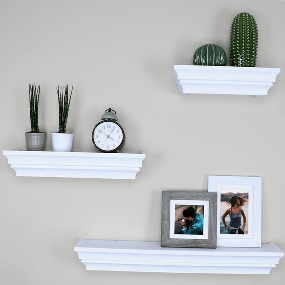 Victorian Wall Shelf Set of 3, White Floating Shelves with Crown Molding, 12 to 24 Inch, for Living Room and Bedroom Decor