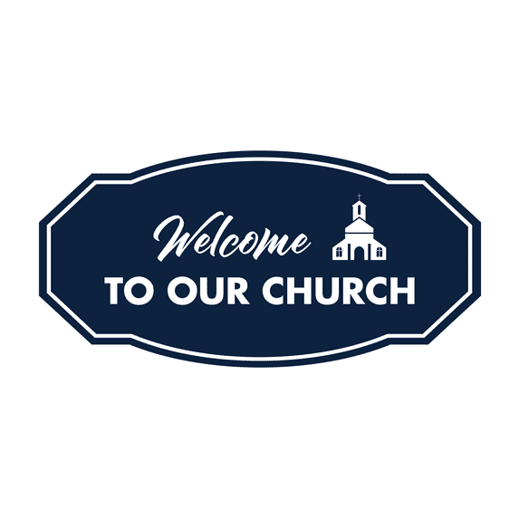Victorian Welcome to Our Church Sign (Navy Blue / White) - Medium