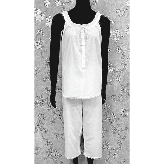Victorian White 100% Cotton Pajama Set Sleeveless Lace Trim Cami & Capri Pants SoieRose SR1172