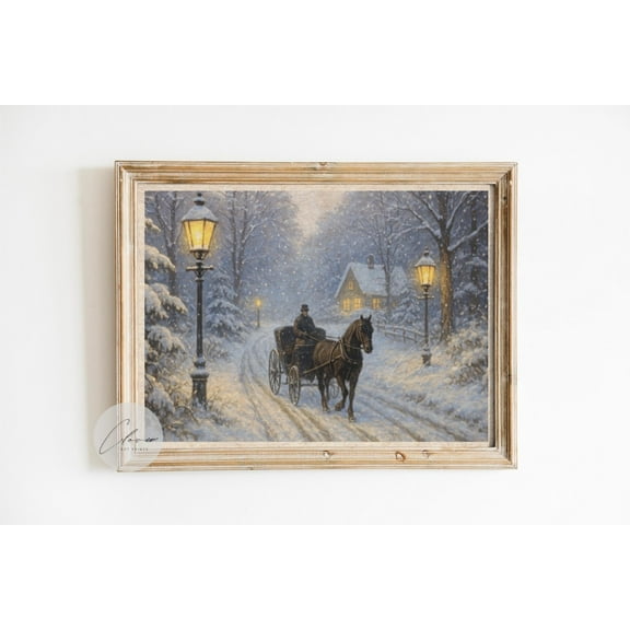 Victorian Winter Carriage Art, Horse And Carriage In Snow Print, Vintagewall Decor, Cozy Scene, Snowy Night Artwork Home Decor #54, Unframed Poster Size 12x18