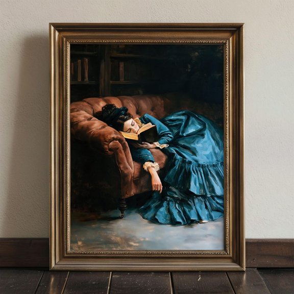 Victorian Woman Bookish Dark Academia Library Accent Moody Reading Nook Painting Wall Decor Unframed Paper Print
