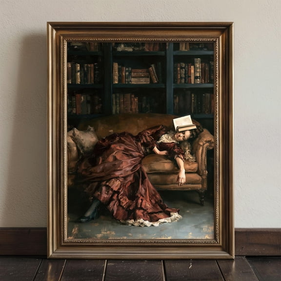 Victorian Woman Bookish Wall Art Print, Dark Academia Library Decor, Moody Reading Nook Painting, Poster Only