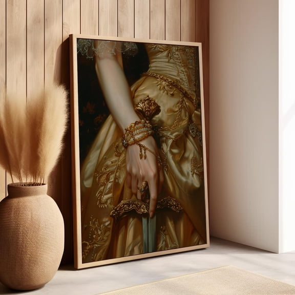 Victorian Woman Dagger Portrait Wall Art, Moody Baroque Feminine Decor, Unframed Paper Print Size 12x18