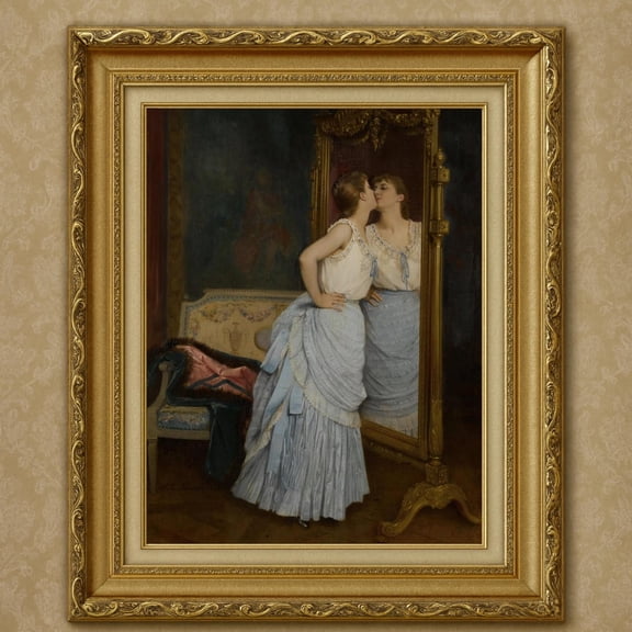 Victorian Woman Mirror Portrait Wall Art Print, Unframed Paper Poster 8x10in