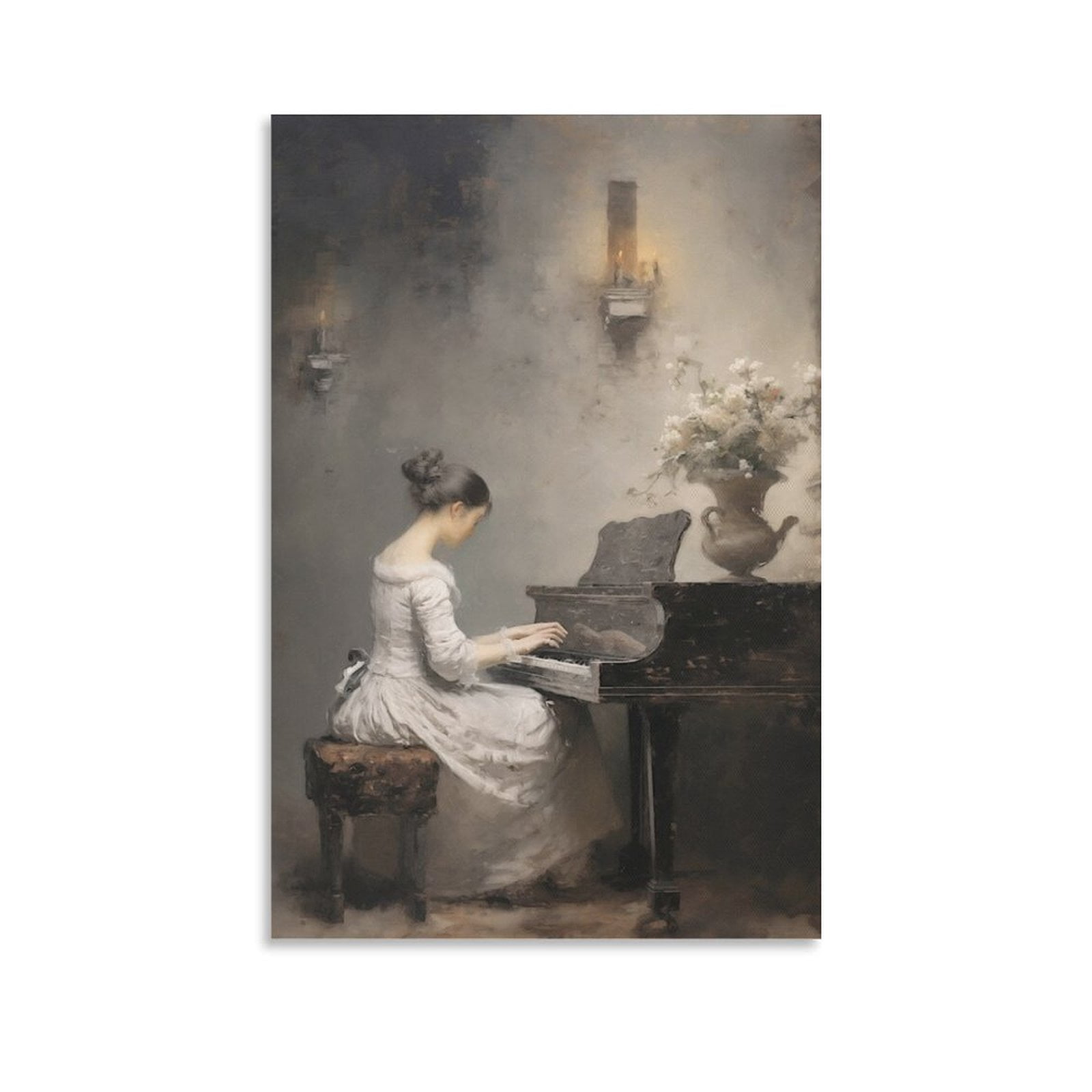 Victorian Woman Playing Piano Wall Art Print Vintage Female Portrait Antique Music Print Moody Wall Art Cottage Country Art Mailed Print Canvas Poster Wall Decorative Art Painting Living Room Bedroom