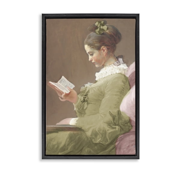 Stupell Industries Victorian Woman Seated with Book Black Framed Floater Canvas Wall Art, design by Corinne Haig, 31 x 21