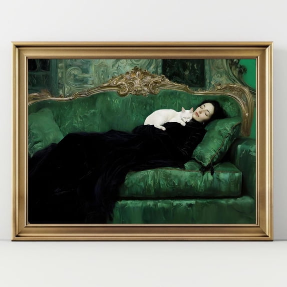 Victorian Woman With White Cat Poster, Gothic Green Couch, Dark ...