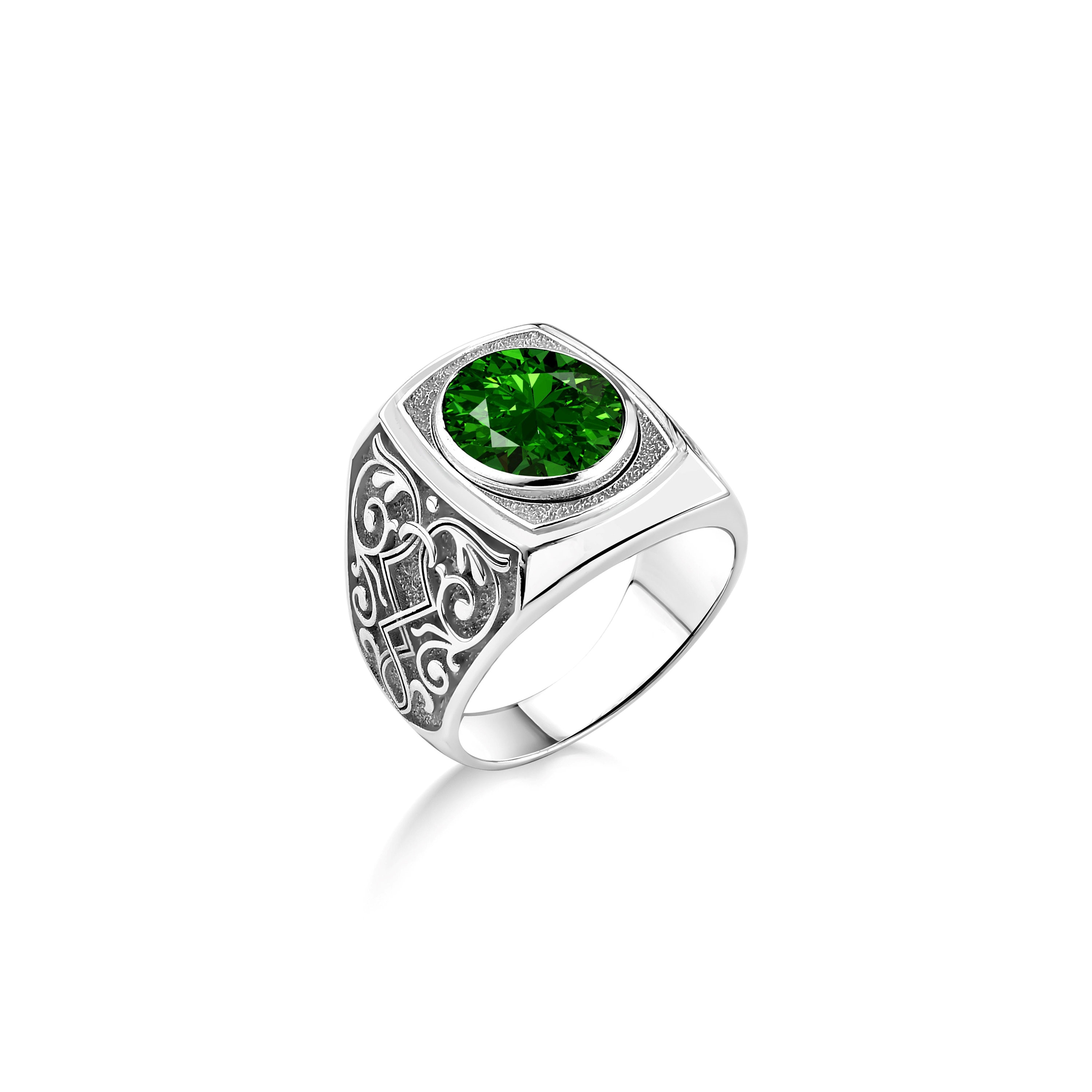 Victorian wide band men ring with green emerald, Engraved lily on side