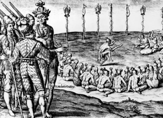 Victories over opponents were celebrated in savage fashion assembling in designated place men and woman would bring legs arms scalps of enemies and attach to tall poles Canvas Art - (18 x 24)