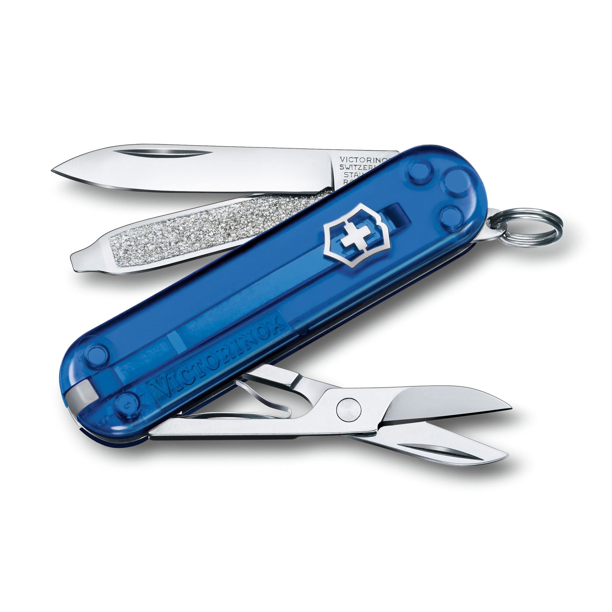 Victorinox Classic SD Swiss Army Knife, Compact, 7 Functions, Swiss Made Pocket Knife with Small Blade, Screwdriver and Key Ring - Transparent Blue