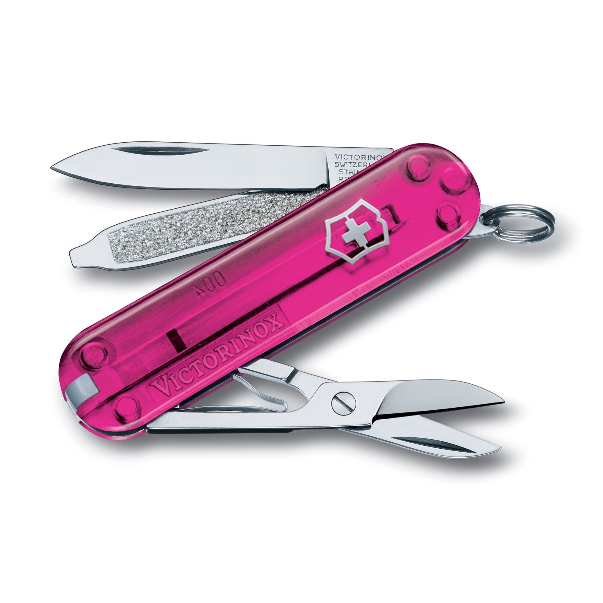 Victorinox Classic SD Swiss Army Knife, Compact, 7 Functions, Swiss Made Pocket Knife with Small Blade, Screwdriver and Key Ring - Transparent Pink