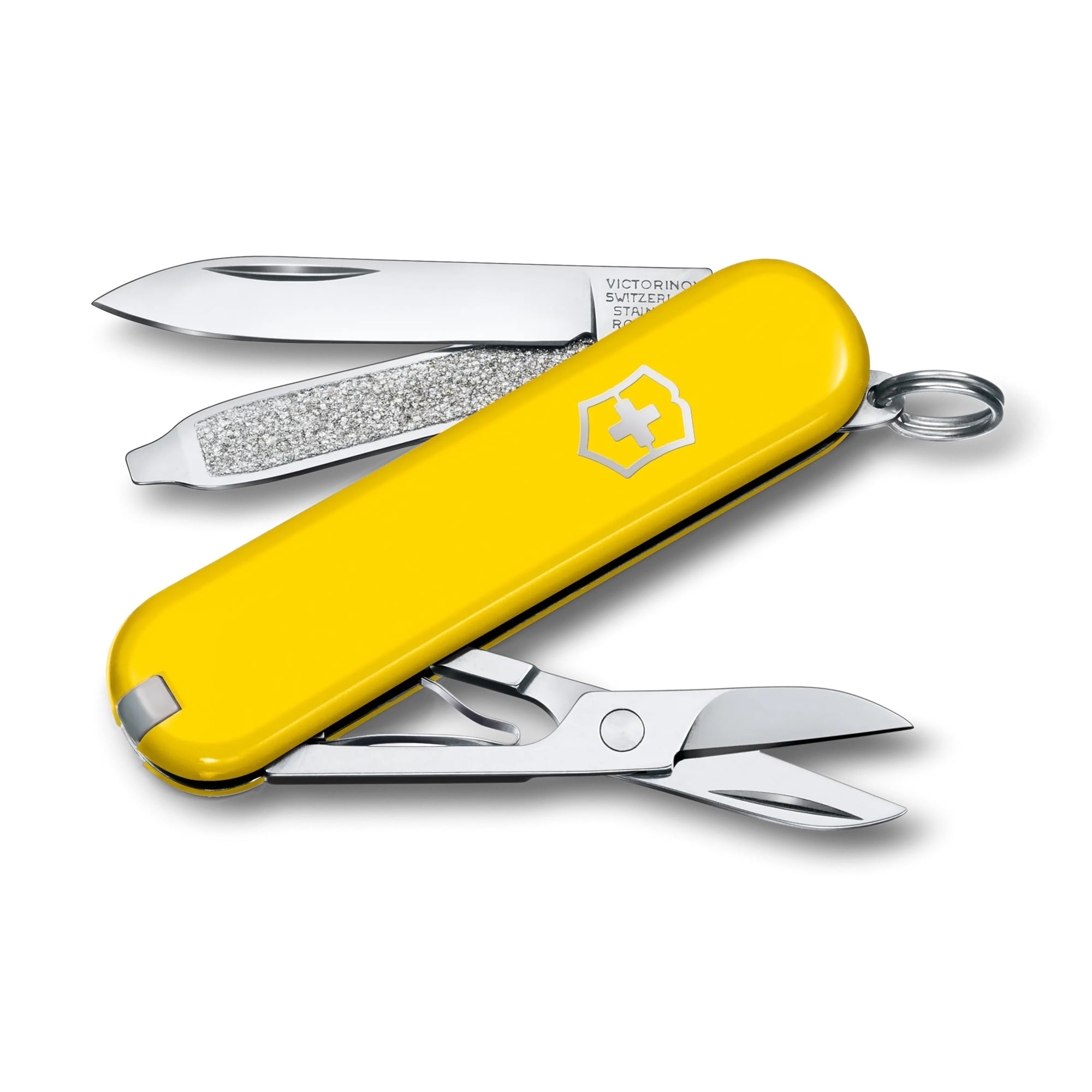 Victorinox Classic SD Swiss Army Knife, Compact, 7 Functions, Swiss Made Pocket Knife with Small Blade, Screwdriver and Key Ring - Yellow, Blister