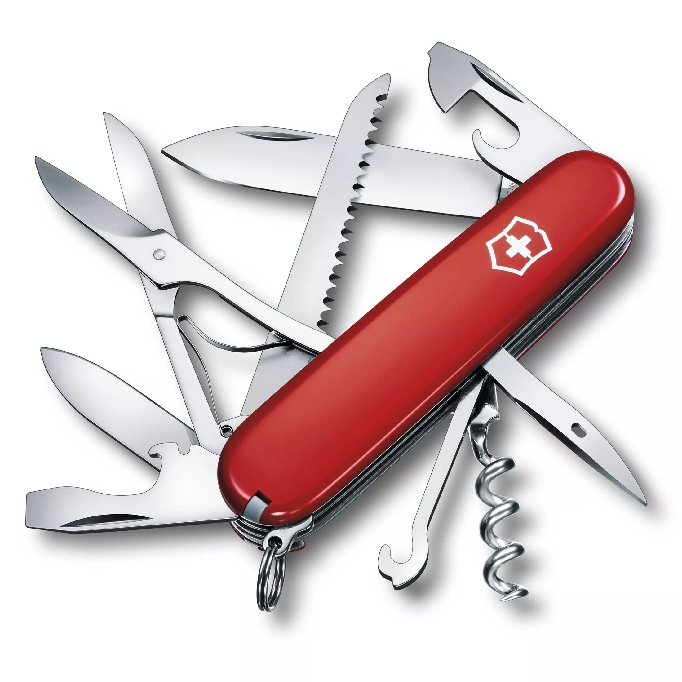 Victorinox Huntsman Swiss Army Knife, 15 Function Swiss Made Pocket Knife with Large Blade, Wood Saw and Scissors - Red, Blister