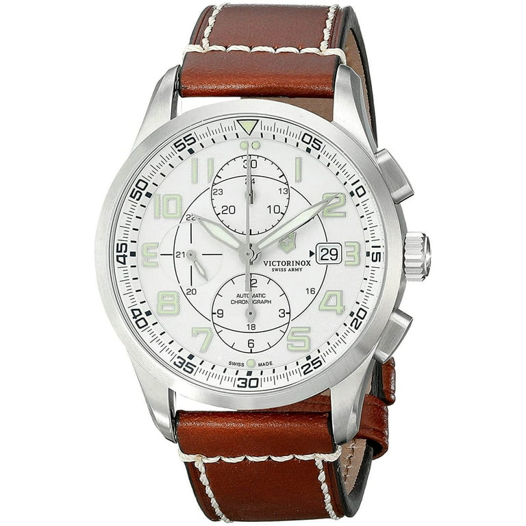 Victorinox Men s Swiss Army 241598 Airboss Silver Dial Brown Leather Strap Chronograph Automatic Watch
