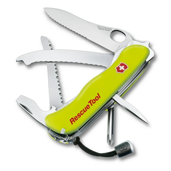 Victorinox Rescue Tool Mw Swiss Army Knife 13 Function Swiss Made Pocket Knife With Large Serrated Blade, Seat Belt Cutter and Windshield Cutter - Yellow Fluorescent