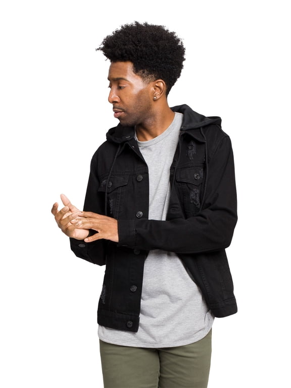 Victorious Hoodie Layered Distressed Denim Jacket with Removable Hood DK109 - Jet Black - 4X-Large