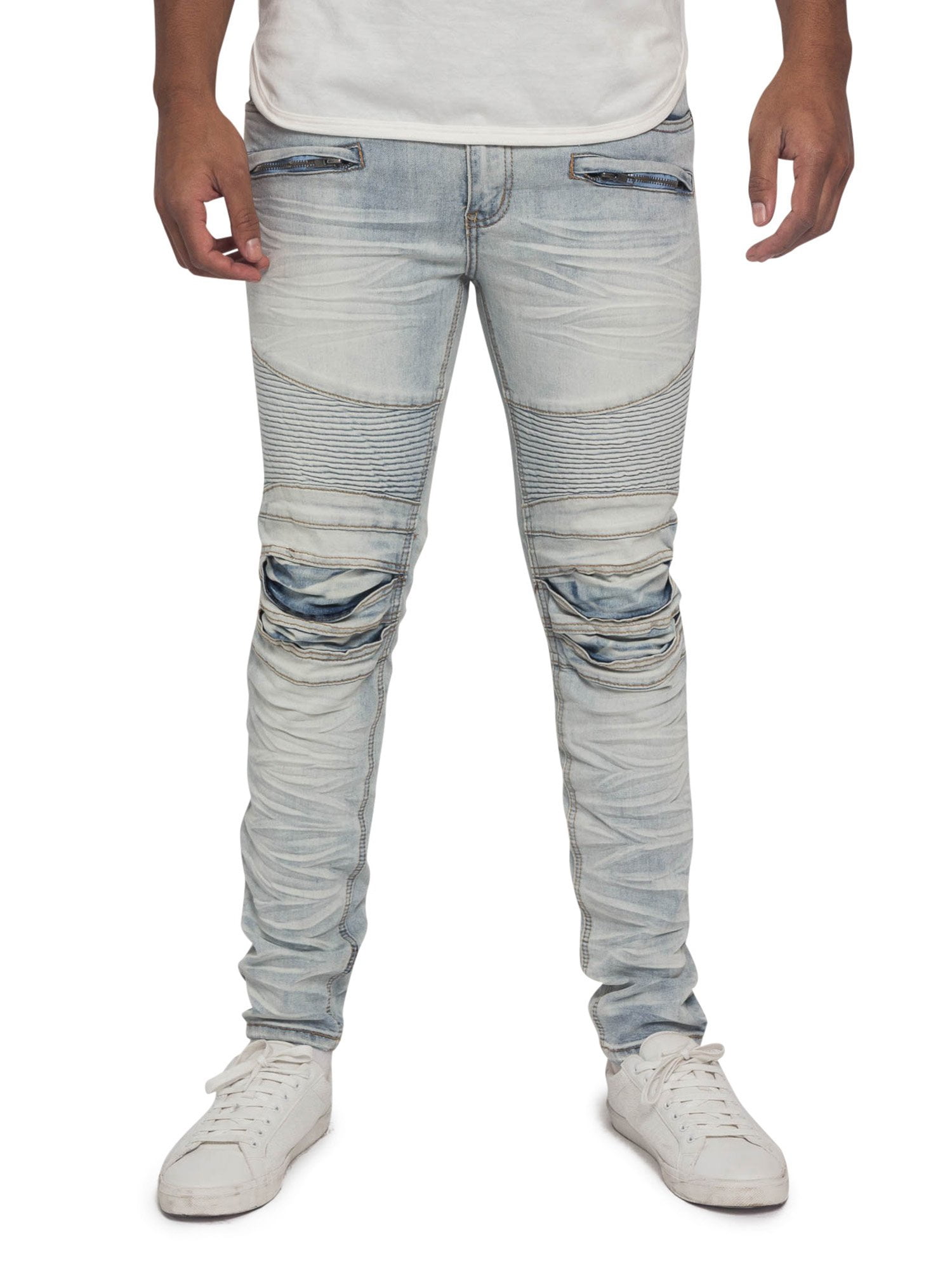 Victorious Men's Artisanal Crease Moto Biker Jeans - Cloud Blue