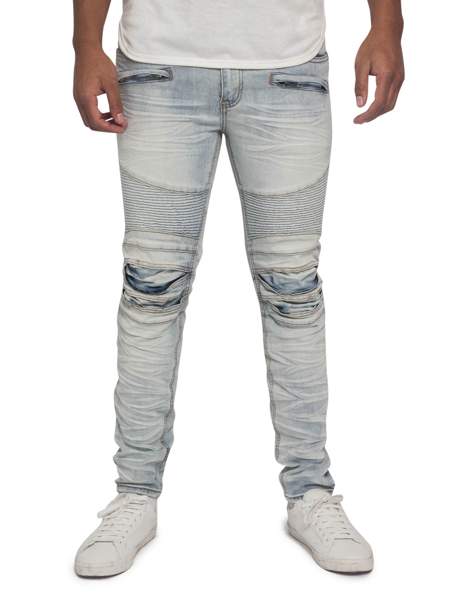 Victorious Men's Artisanal Crease Moto Biker Jeans - Cloud Victorious Men's Artisanal Crease Moto Biker Jeans - Cloud
