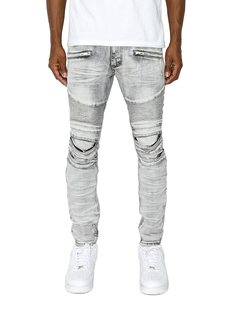 Victorious Men's Artisanal Crease Moto Biker Jeans - Grey - 34/32