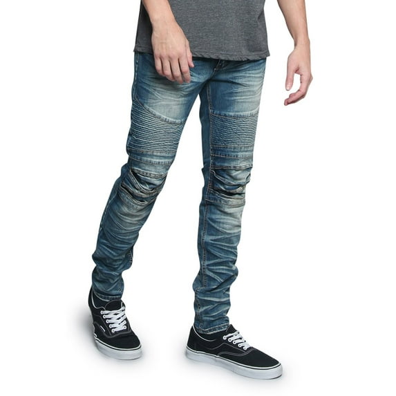 Victorious Men's Artisanal Crease Moto Biker Jeans - Indigo - 36/32