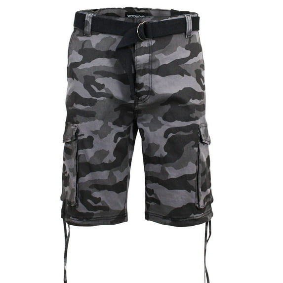 Victorious Men's Belted Twill Camo Cargo Short DS2065 - Black - 32