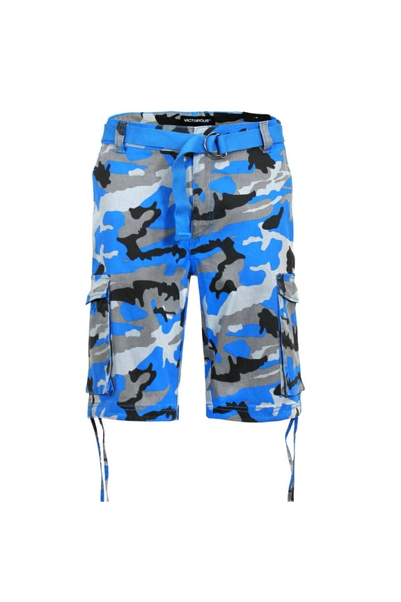Victorious Men's Belted Twill Camo Cargo Short DS2065 - Blue - 30