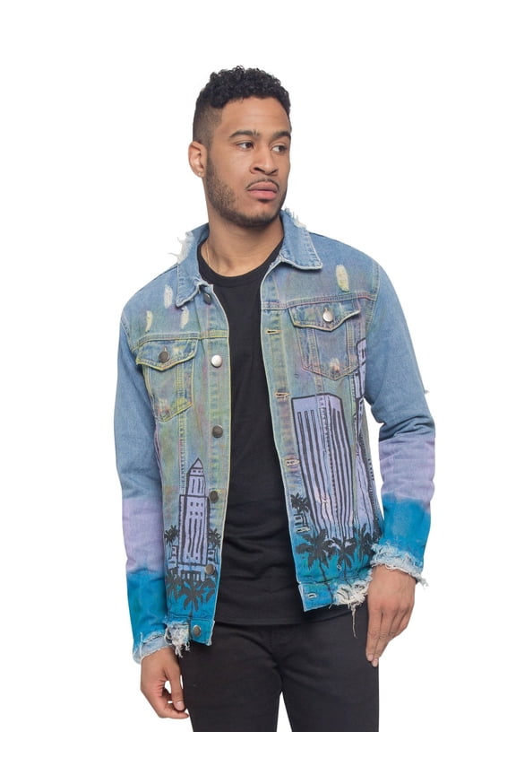 Victorious Men's Casual Distressed Airbrush City Denim Jean Jacket DK164 - Day - 2X-Large