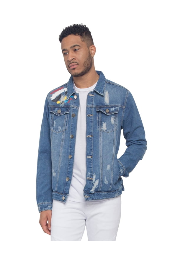 Victorious Men's Casual Distressed Colorful Painted Tiger Denim Jean Jacket DK165 - Indigo - Medium